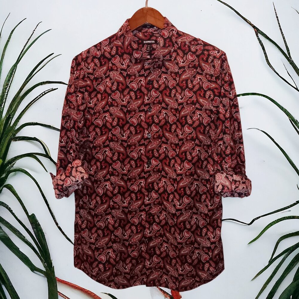Express ★ Men's Casual Button-Up Dress Shirt ★ Heidelberg Dark Paisley Print